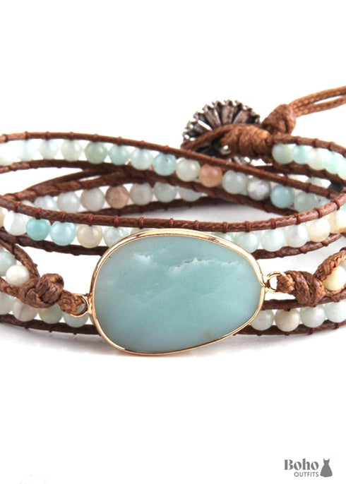 Boho Bracelet, RH 3 Layers Leather Wrap Bracelet, Natural Stones, Blue, Rose, Purple